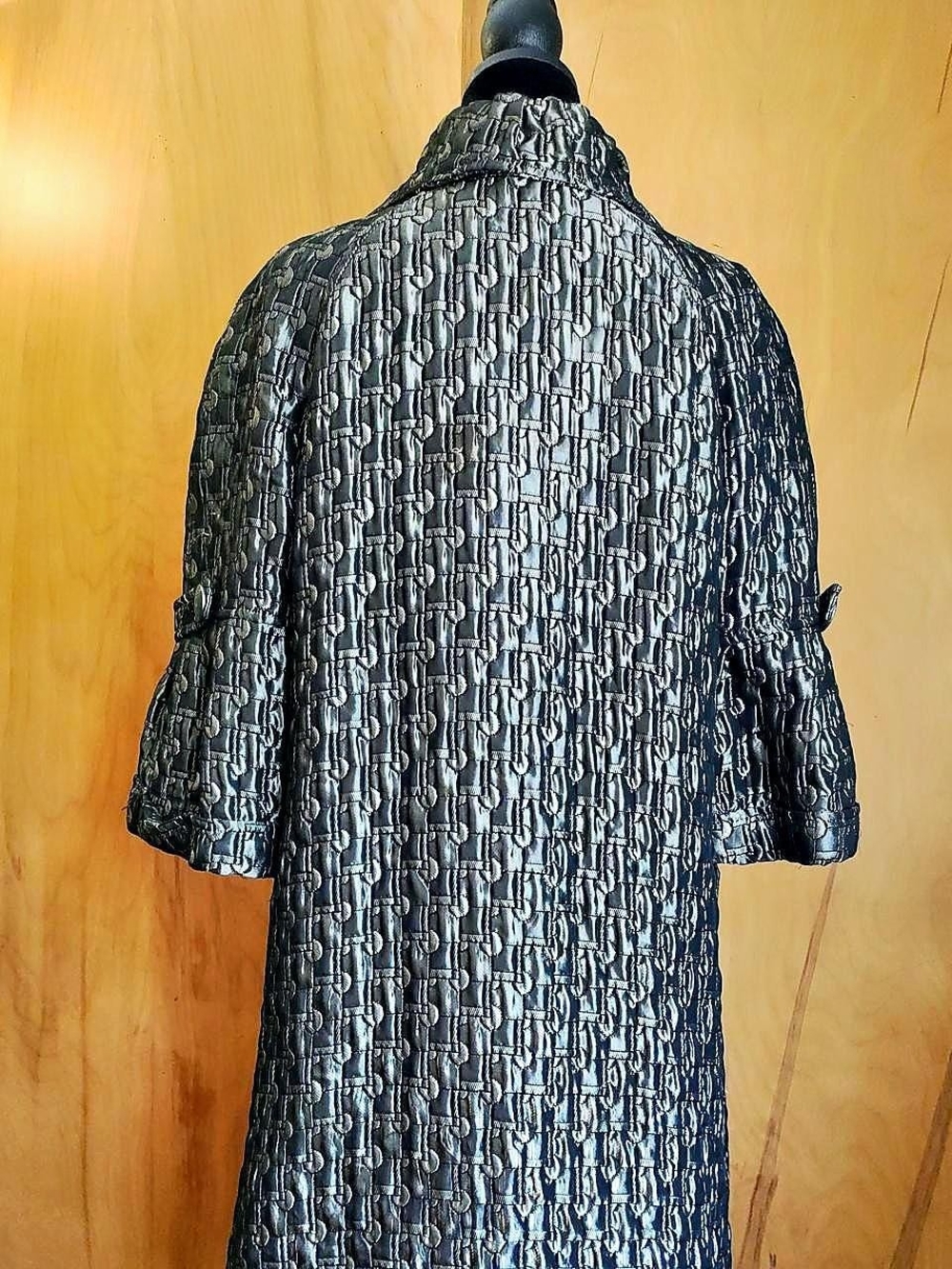 Textured Black Metallic Double-Breasted Trench Coat - Picture 3 of 6